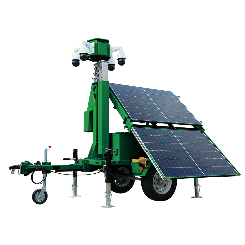 Four-camera head solar surveillance tower, 2 large panels