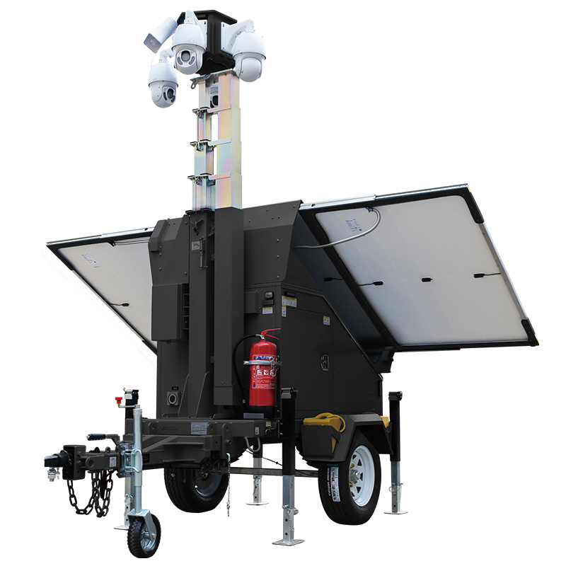 Solar surveillance tower trailer with folding panels and a mast of PTZ cameras
